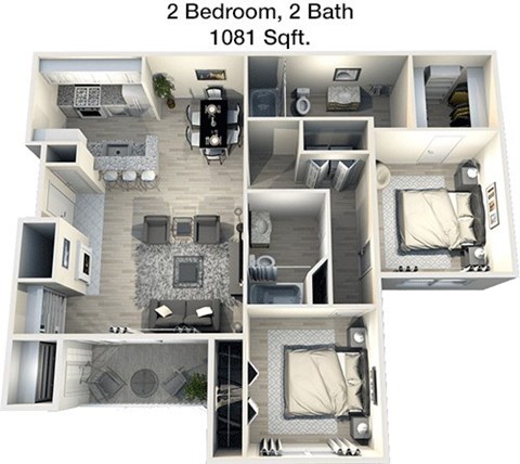 A 2 bedroom, 2 bathroom apartment is 1081 square feet.